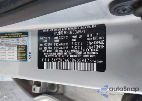 2011 Hyundai Santa Fe Limited V6 из США, поврежденный, VIN 5XYZKDAG3BG059478